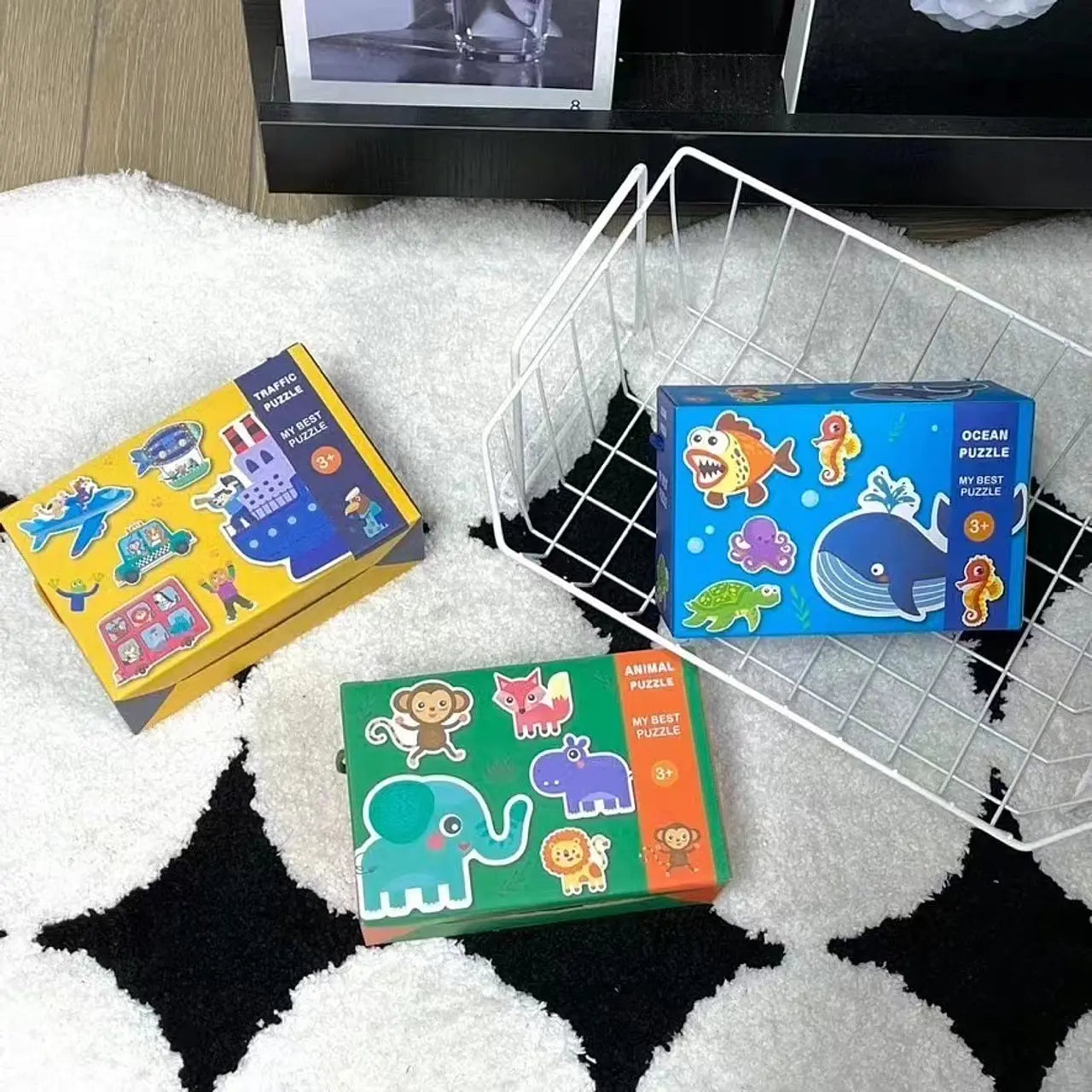 Puzzle para Bebés – 4 Puzzles en 1 Caja con Diseños de Animales y Transportes