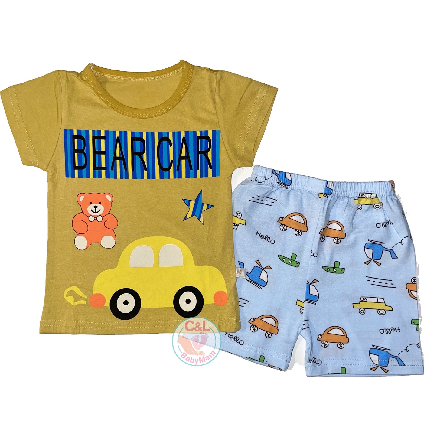 Pijama de Verano para Bebés y Niños Short/Polera 1-2-3 años Amarillo Auto