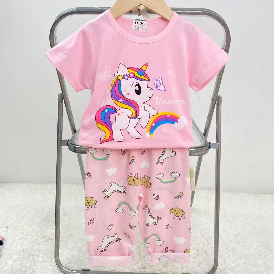 Pijama de Verano para Bebés y Niñas Pantalón/Polera 1-2-3 años Rosa Unicorn