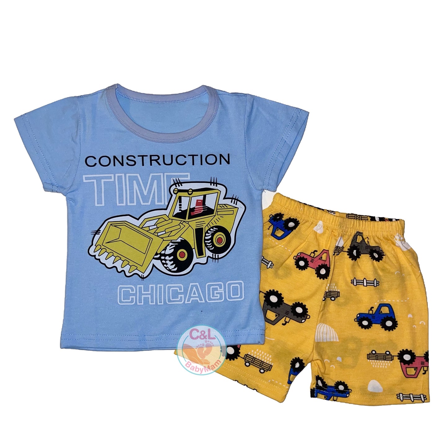 Pijama de Verano para Bebés y Niños Short/Polera 1-2-3 años Celeste Excavadora