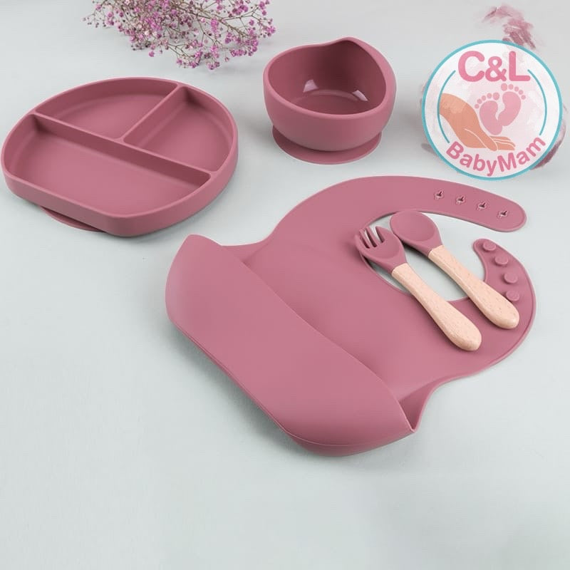 Set De Alimentación Silicona Dividida Con Ventosa Bebés 5pz Rosa Pastel