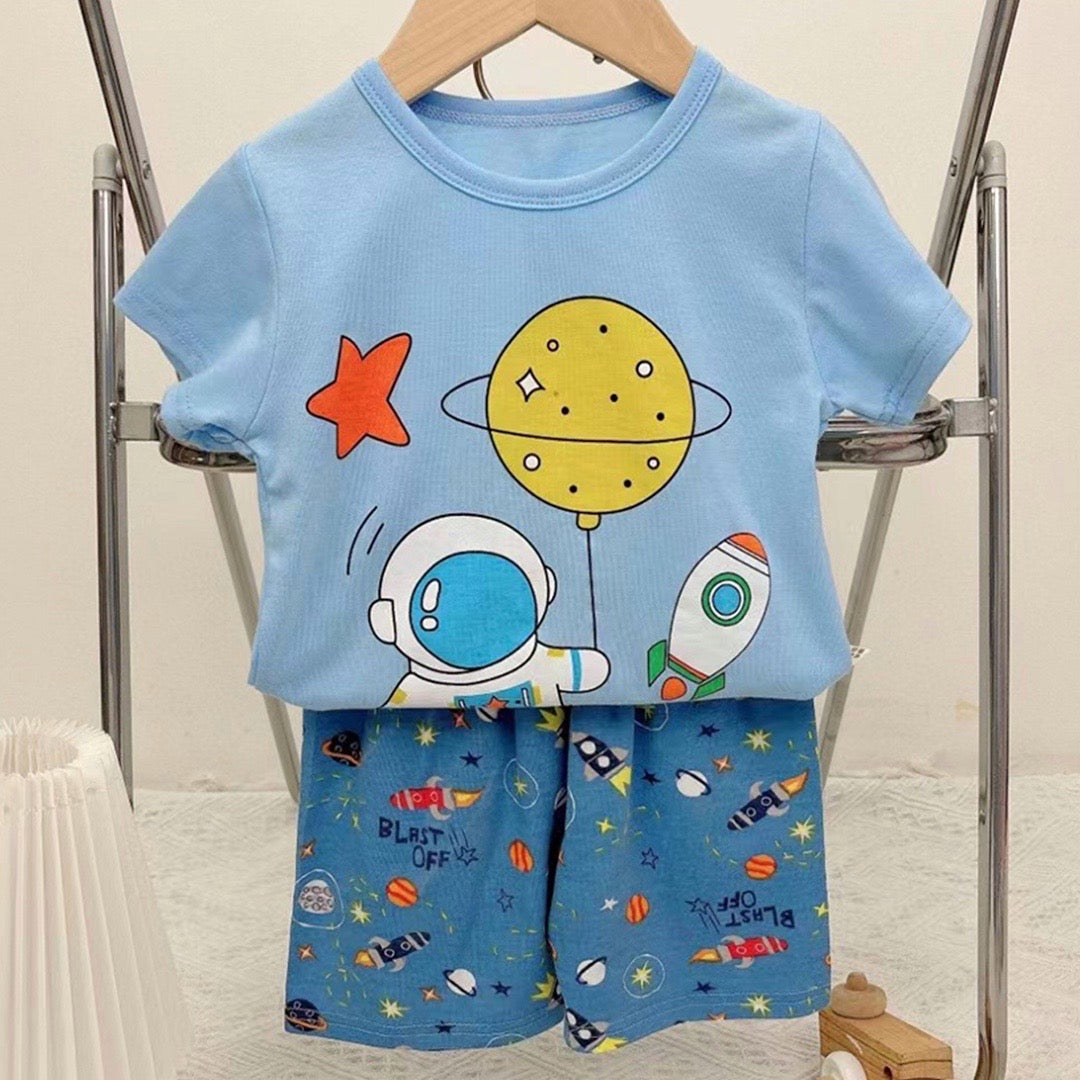 Pijama de Verano para Bebés y Niños Short/Polera 1-2-3 años Celeste Astronauta Cohete