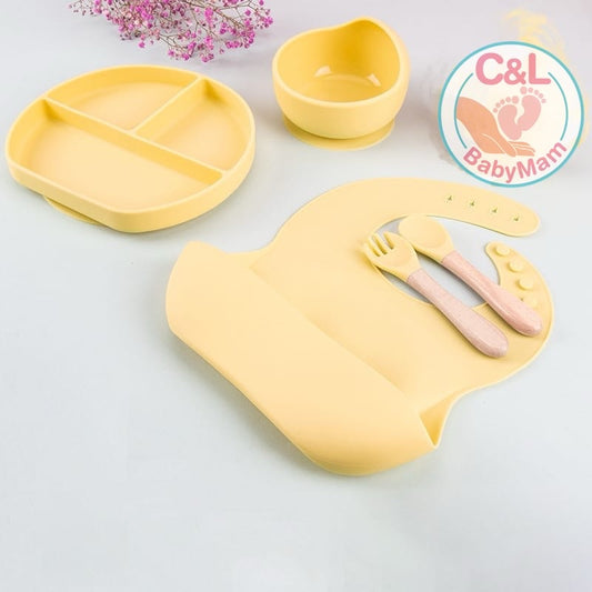 Set De Alimentación Silicona Dividida Con Ventosa Bebés 5pz Celeste