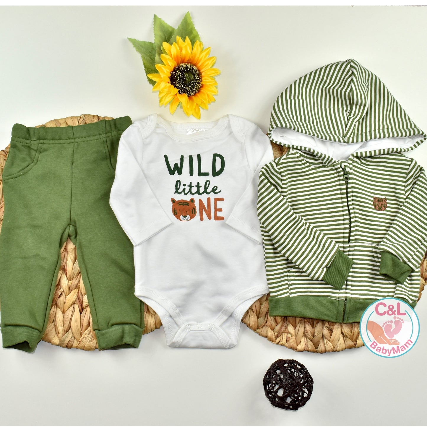 Set 3 Piezas - Conjunto Buzo Afranelado Niño Diseño Tigre Verde