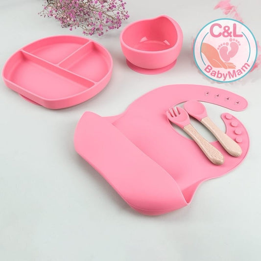 Set De Alimentación Silicona Dividida Con Ventosa Bebés 5pz Rosado