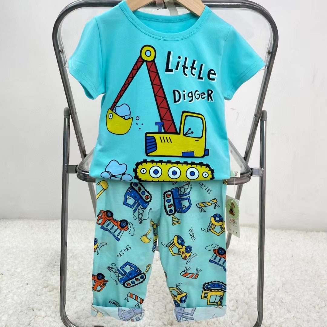 Pijama de Verano para Bebés y Niños Pantalón/Polera 1-2-3 años Celeste Excavadora