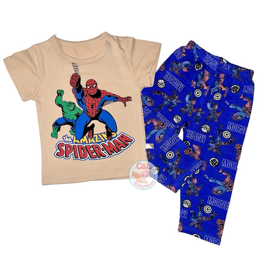 Pijama de Verano para Bebés y Niños 1-6 Años Polera/Pantalón Superheroes Beige