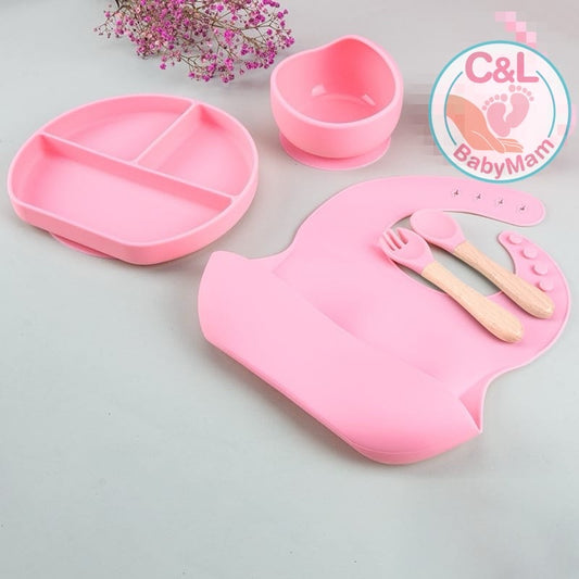 Set De Alimentación Silicona Dividida Con Ventosa Bebés 5pz Rosa Claro