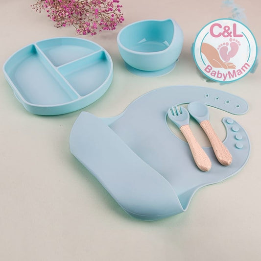 Set De Alimentación Silicona Dividida Con Ventosa Bebés 5pz Celeste