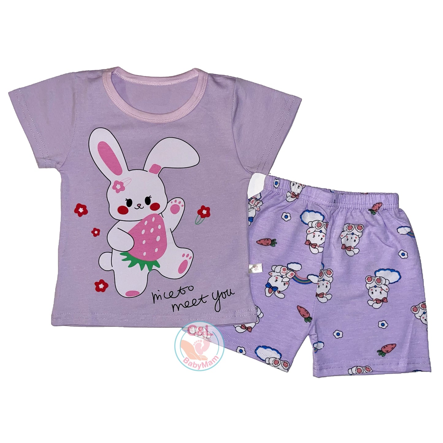 Pijama de Verano para Niñas Short/Polera 4-5-6 años Lila Rabbit