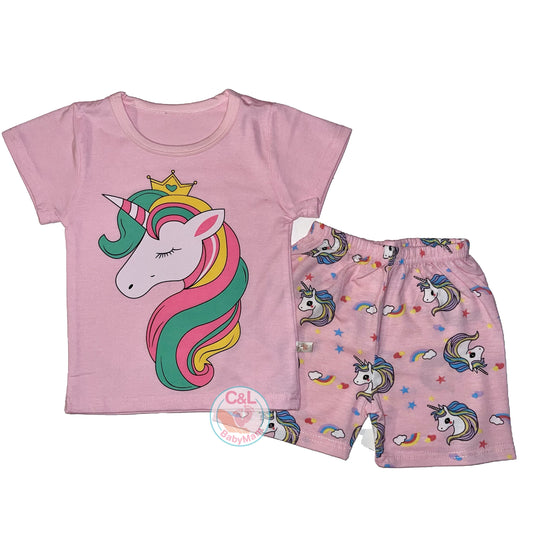 Pijama de Verano para Bebés y Niñas Short/Polera 1-2-3 años Rosa Unicorn