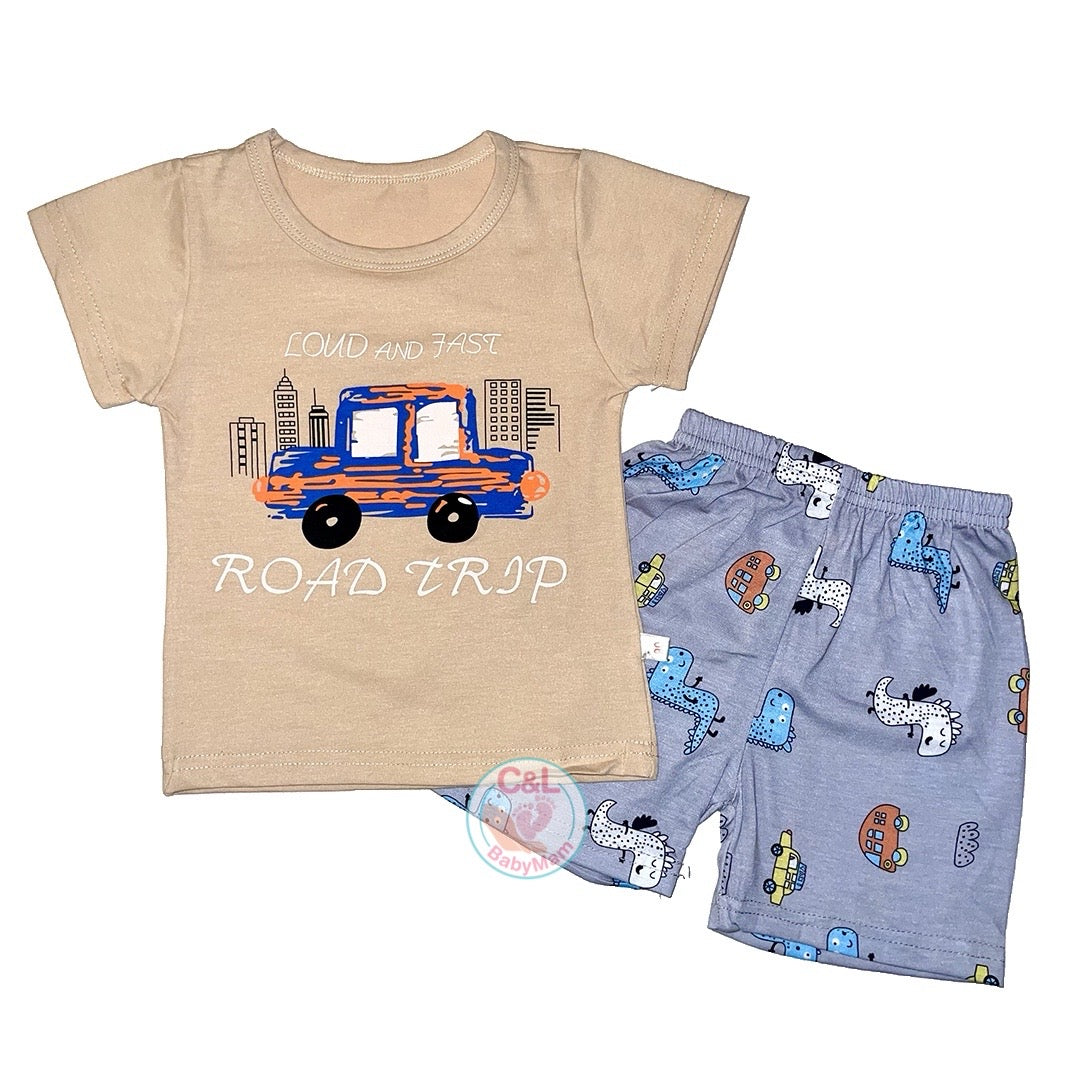 Pijama de Verano para Bebés y Niños Short/Polera 1-2-3 años Beige Auto