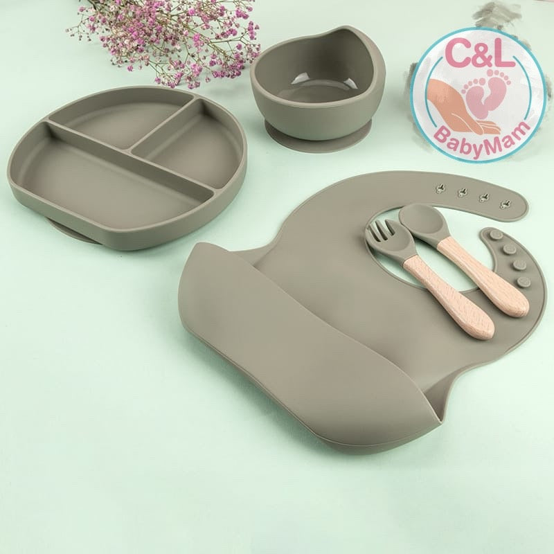 Set De Alimentación Silicona Dividida Con Ventosa Bebés 5pz Gris