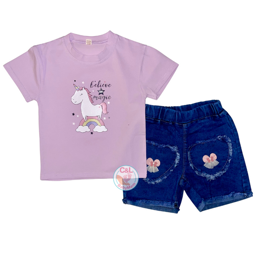 Conjuntos de 2 piezas verano para niñas Short Jeans/Polera UnicornioMagic Lila