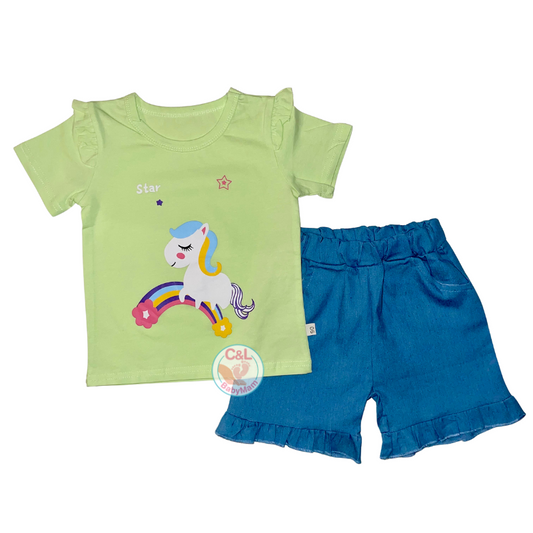 Conjuntos de 2 piezas Verano para Niñas Short/Polera Verde Pony