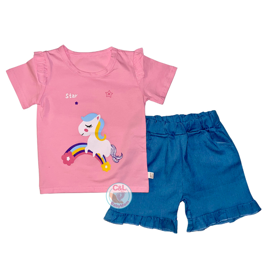 Conjuntos de 2 piezas Verano para Niñas Short/Polera Rosado Pony