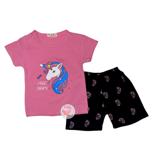 Conjuntos Algodón 2 piezas Verano - Bebés Niñas Short/Polera Rosado Unicorn