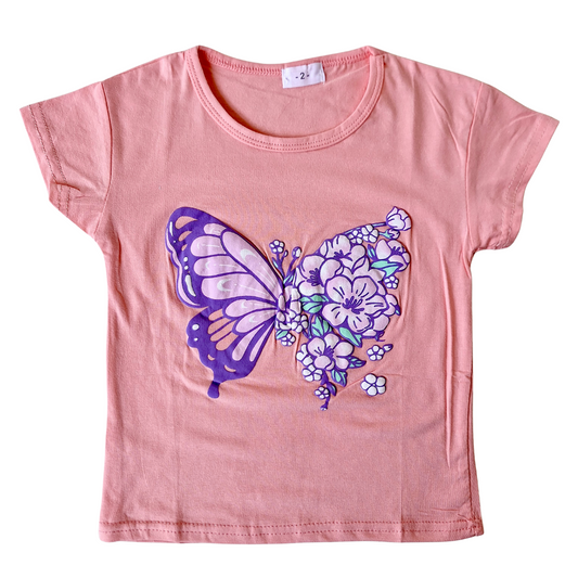 Polera Verano Algodón para Niñas Talla 2 a 5 años - Mariposa Rosado