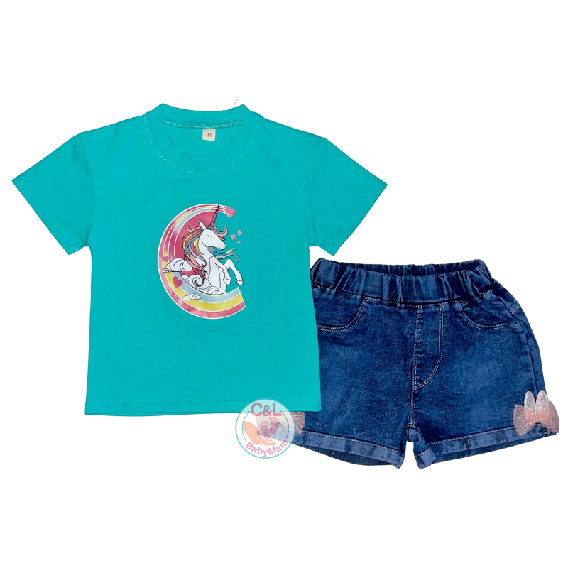 Conjuntos de 2 piezas verano para niñas Short Jeans/Polera Verde Unicorn