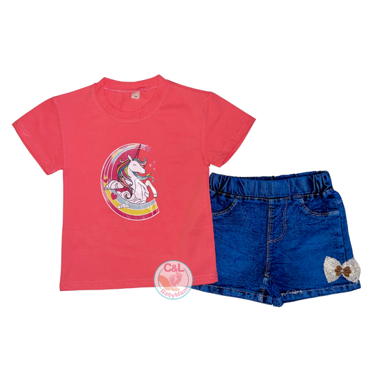 Conjuntos de 2 piezas verano para niñas Short Jeans/Polera Rosado Unicorn