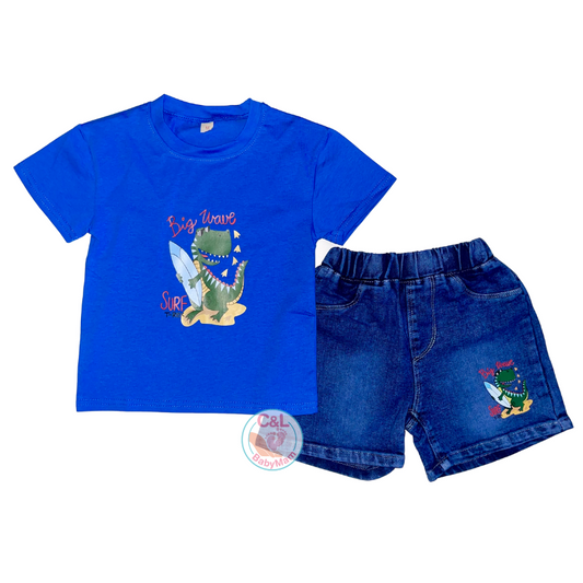 Conjuntos de 2 piezas verano para niños Short Jeans/Polera Azul Dinosaurio