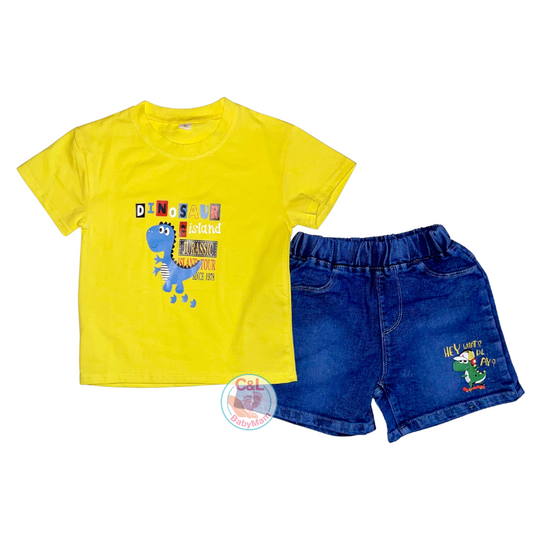 Conjuntos de 2 piezas verano para niños Short Jeans/Polera Amarillo Dino