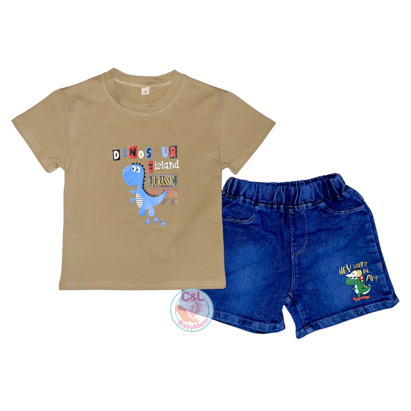 Conjuntos de 2 piezas verano para niños Short Jeans/Polera Café Dino