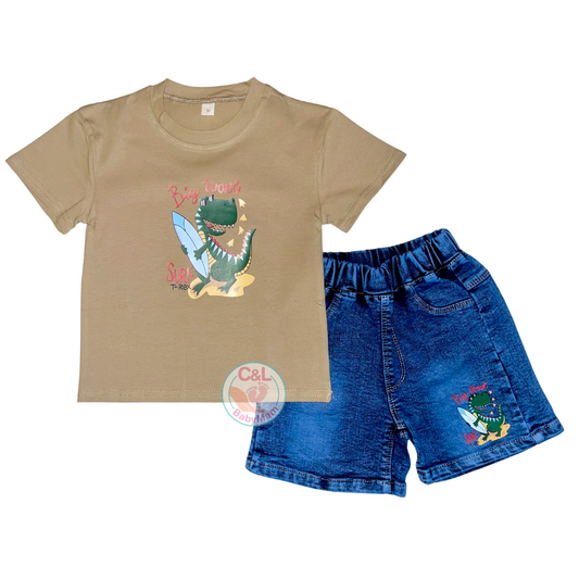 Conjuntos de 2 piezas verano para niños Short Jeans/Polera Café Dinosaurio