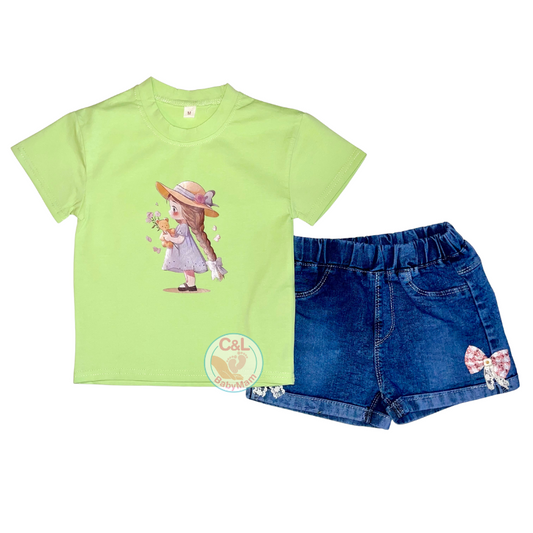 Conjuntos de 2 piezas verano para niñas Short Jeans/Polera Verde Claro Girl