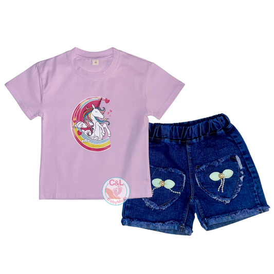 Conjuntos de 2 piezas verano para niñas Short Jeans/Polera Lila Unicorn