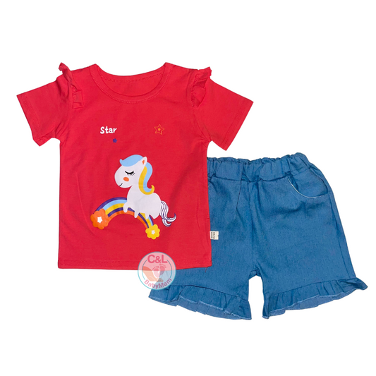 Conjuntos de 2 piezas Verano para Niñas Short/Polera Damasco Pony