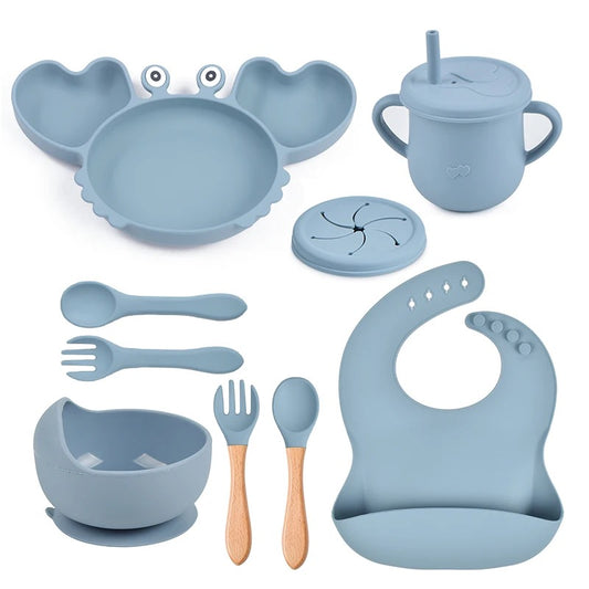 Set De Alimentación Cangrejo Silicona Dividida Con Ventosa Bebés 9pz Celeste