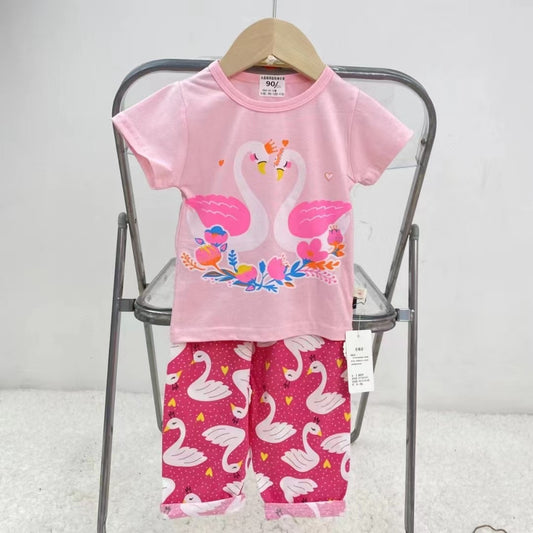 Pijama de Verano para Bebés y Niñas Pantalón/Polera 1-2-3 años Rosa Cisnes