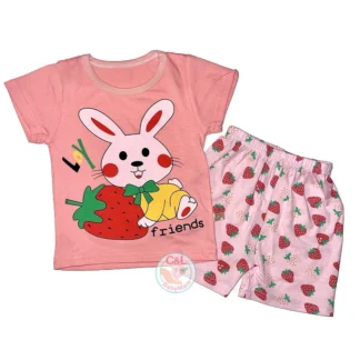 Pijama Niña Conejita Frutilla Rosa 100% Algodón Polera + Short | Talla 1