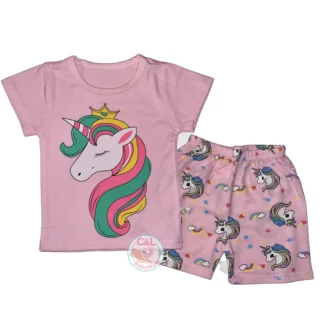 Pijama Niña Unicornio Corona 100% Algodón Polera + Short | Talla 1