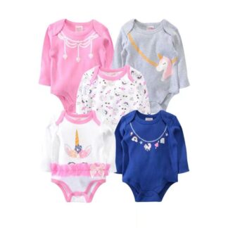 Pack 5 Bodys Bebé Niña Manga Larga Unicornios 100% Algodón | Remate