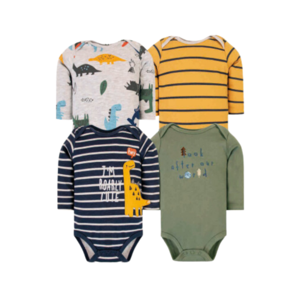 Pack de 4 Bodys Manga Larga para Bebé Niño - Dino Amarillo