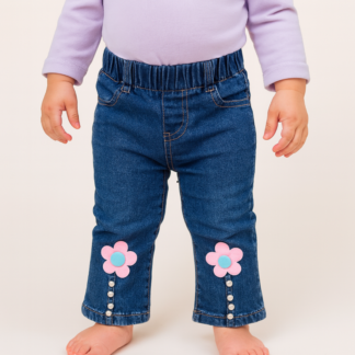 Jeans Niña con Flores y Perlas Decorativas | Cintura Elasticada | Remate Tallas 1 y 2