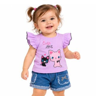 Conjunto Niña Unicornio y Gatita Polera + Short Jeans – Talla S | Remate