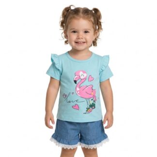 Conjunto Niña Polera Manga Corta + Short Efecto Jeans con Vuelitos – Tallas 1 a 3 | Remate