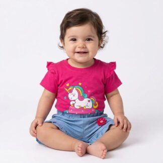 Conjunto Niña Unicornio Polera Manga Corta + Short Efecto Jeans – Talla 1 | Remate