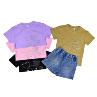 Conjunto Niña Corazones Polera 100% Algodón + Short de Jeans Talla 2 a 5
