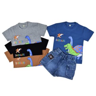 Conjunto Niño Dino Grande Polera 100% Algodón + Short Jeans Cargo Talla 2 a 5