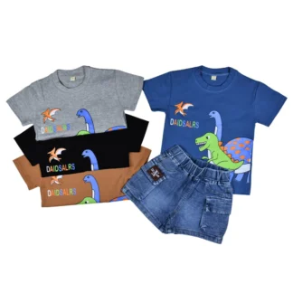 Conjunto Niño Dino Grande Polera 100% Algodón + Short Jeans Cargo Talla 2 a 5