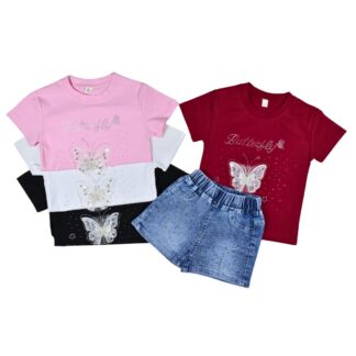 Conjunto Niña Mariposa Polera 100% Algodón + Short de Jeans Talla 2 a 5
