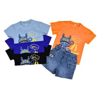 Conjunto Niño Robot Polera 100% Algodón + Short Jeans Cargo Talla 2 a 5