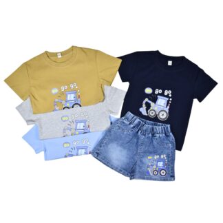 Conjunto Niño Excavadora Polera 100% Algodón + Short de Jeans Talla 2 a 5