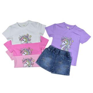 Conjunto Niña Unicornio Polera 100% Algodón + Short de Jeans Talla 2 a 5