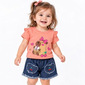 Conjunto Niña Capibara Polera 100% Algodón + Short Jeans – Tallas 1 y 2 | Remate